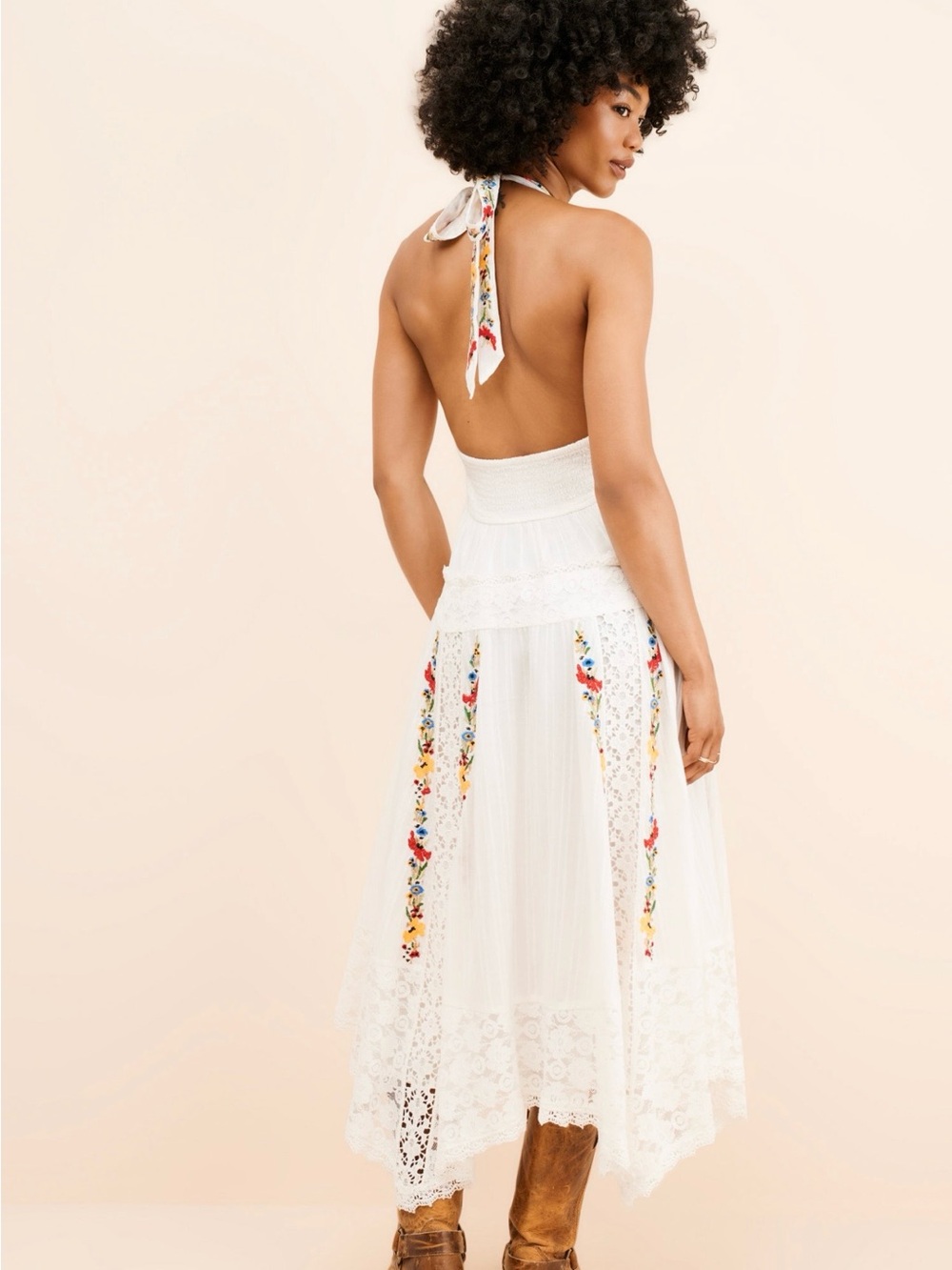 Free People Keila Halter Neck Embroidery & Lace Detail Cotton Dress - Picture 2 of 11
